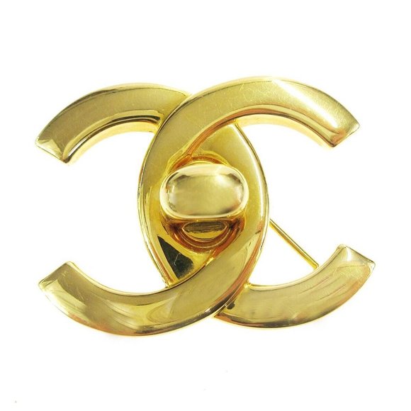 AUTH CHANEL CC Logos Turnlock Motif Brooch Pin Corsage Gold-plated 96A Vintage - Picture 1 of 4